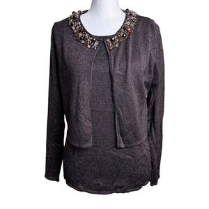 Escapade Bronze Metallic Shimmer Knit Beaded Cardigan Tank Twin Set Matching M